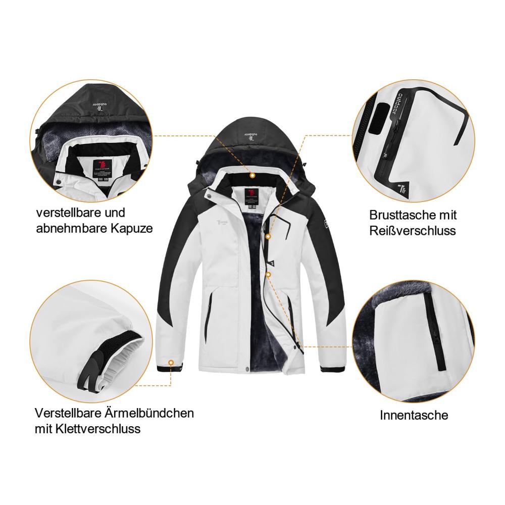 Damen Winterjacke Wasserdicht Warm Atmungsaktiv Skijacke Outdoorjacke Hooded Softshelljacke Funktionale Wanderjacke Trekkingjacke mit Abnehmbarer Kapuze