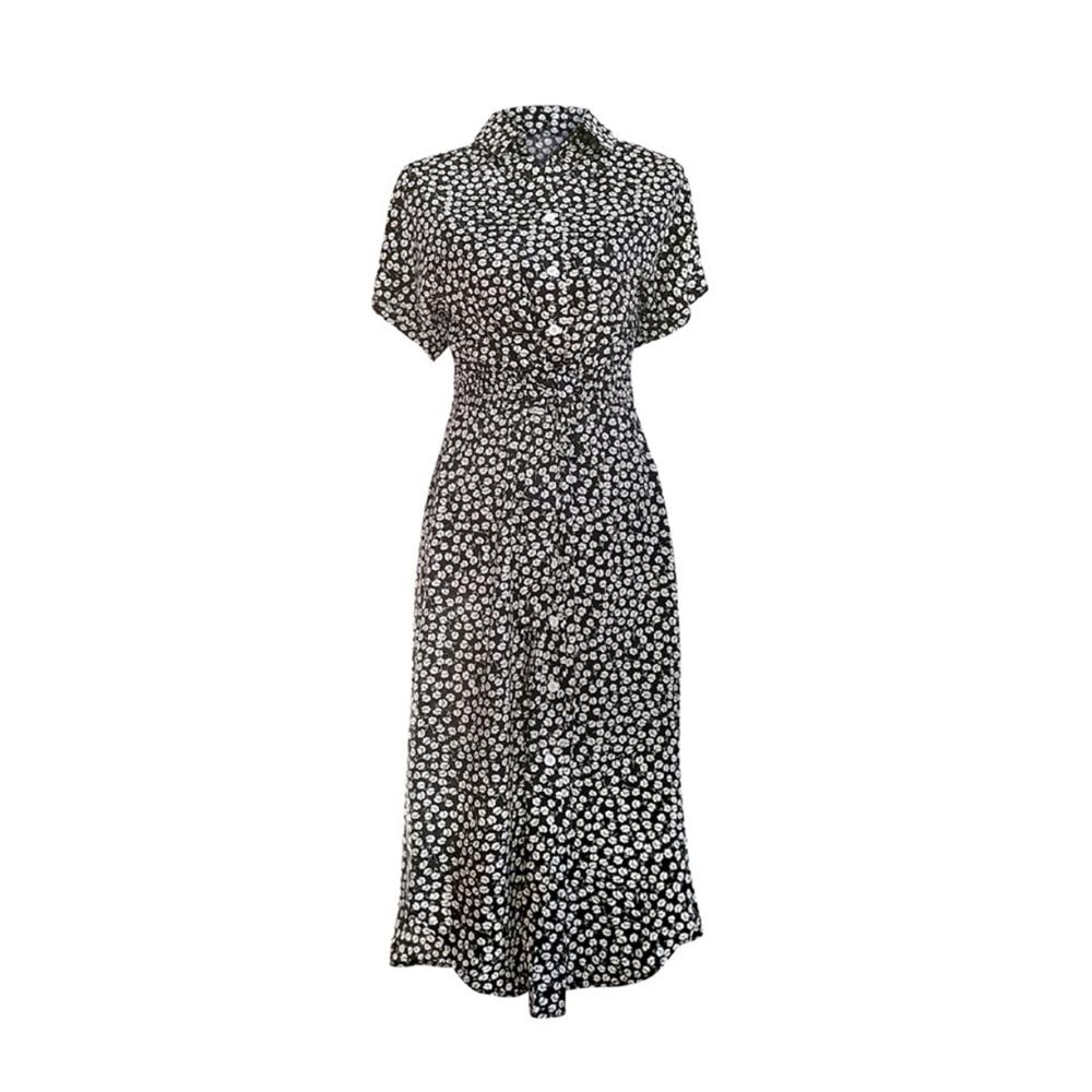 Damen Freizeit Sommerkleid Midi Länge Boho Blumendruck V-Ausschnitt Knopfleiste Gürtel A-Linie ausgestellter Saum. Perfekt für warme Tage