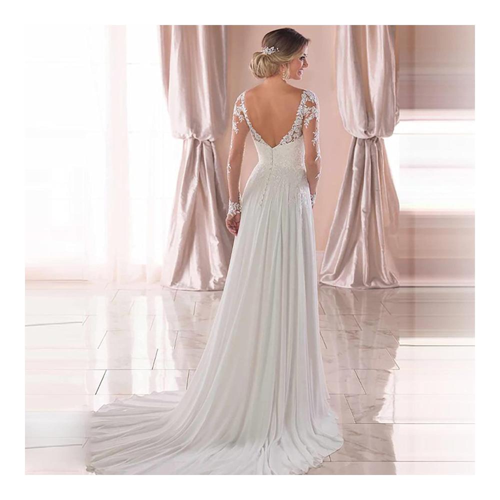 Entzückende Frauen V-Ausschnitt Brautkleider Elegante Spitze luftiges Chiffon & lange Ärmel für den perfekten Boho-Look. Jetzt die Traumrobe entdecken