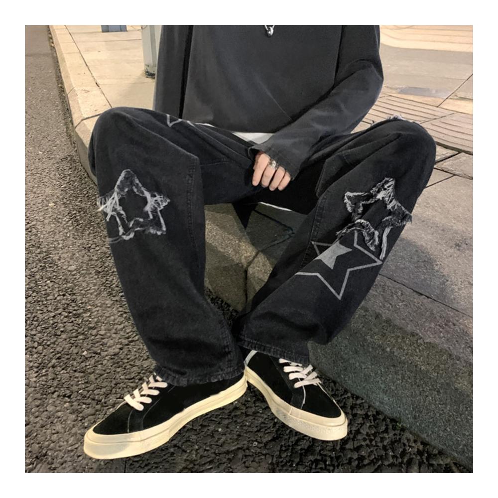 Trendige Herren-Jeanshosen Locker geschnitten weites Bein coole Stickerei. Perfekt für Streetwear und Parties. Bequem und stylisch