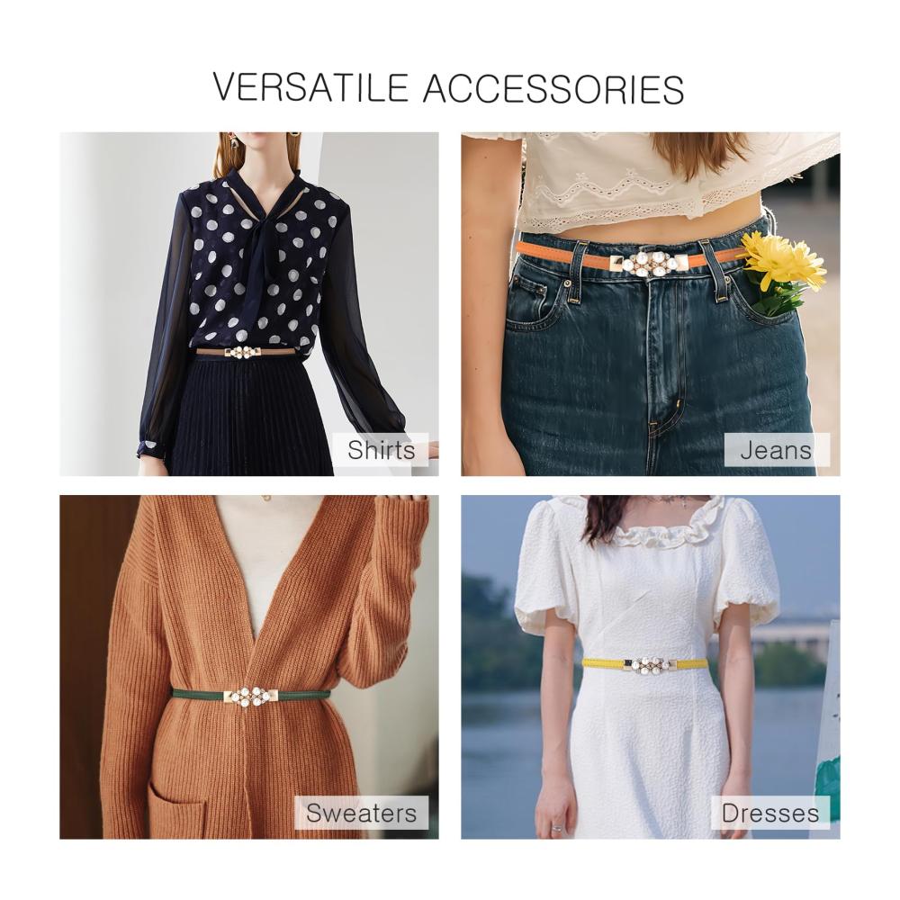Attraktiver Damen Ledergürtel mit Perlen Dekoration und Metall Interlock Schnalle - Verstellbarer schmaler Gürtel für Kleid Jeans Hosen und mehr. Perfektes Accessoire für stilvolle Outfits