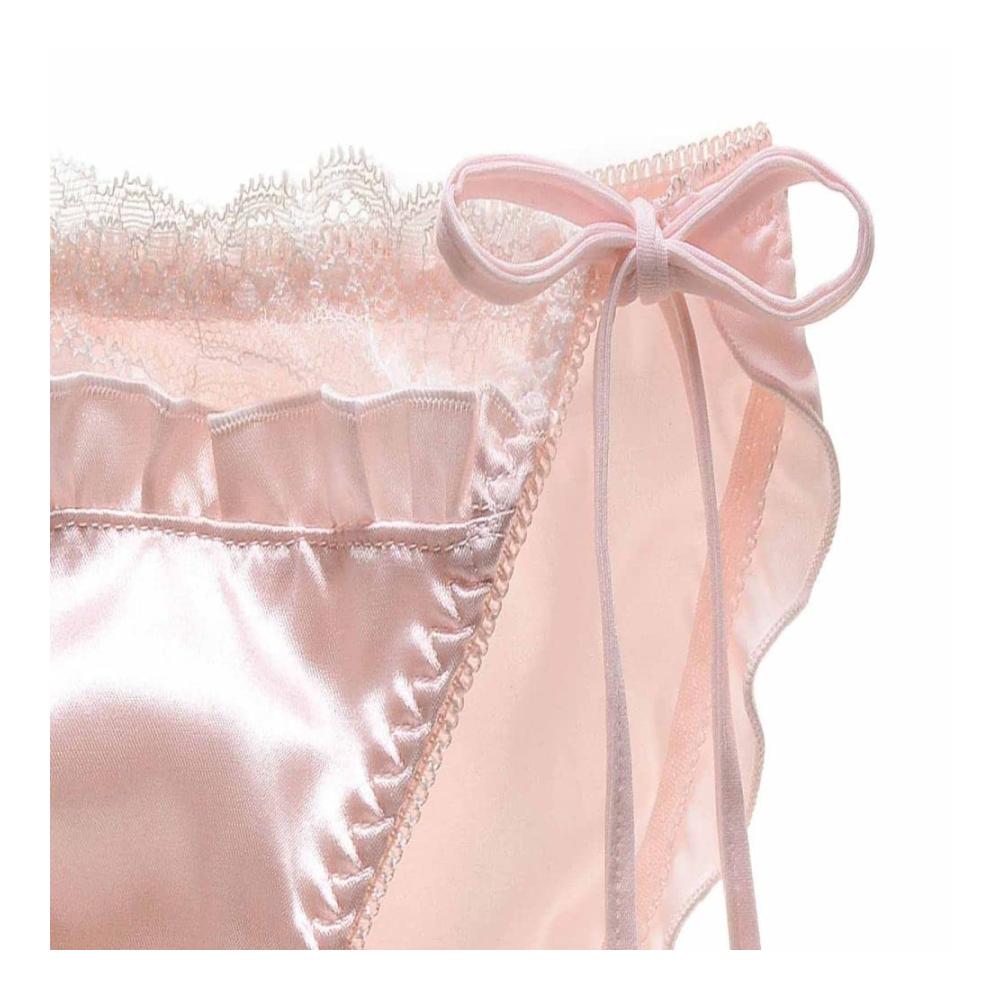 Damen & Mädchen Slips - niedliche Lolita Kawaii Prinzessinnen Höschen aus Satin mit Spitzenbesatz sexy seitliche Bindung plissierte Unterwäsche