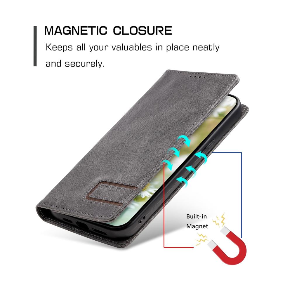 Stilvoller Schutz Premium Leder Kreditkartenhülle für iPhone 14 Serie - Magnetische Abdeckung RFID-Blockierung Ständerfunktion - Grau 14.6 Zoll