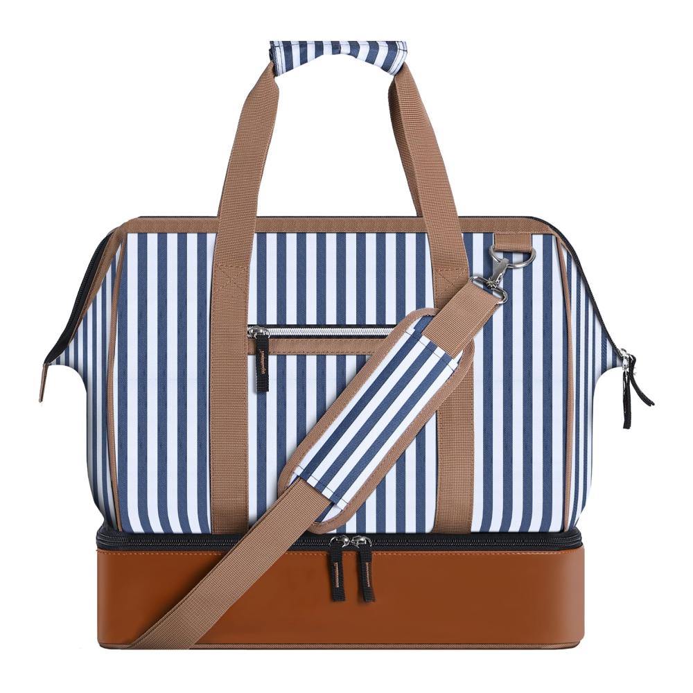 Luxuriöse Doppellagige Reisetasche Weekender Damen Schickes Design praktisches Schuhfach großzügiges 35L Volumen. Handgepäck für Flugzeugreisen in stylischem Blau Gestreift