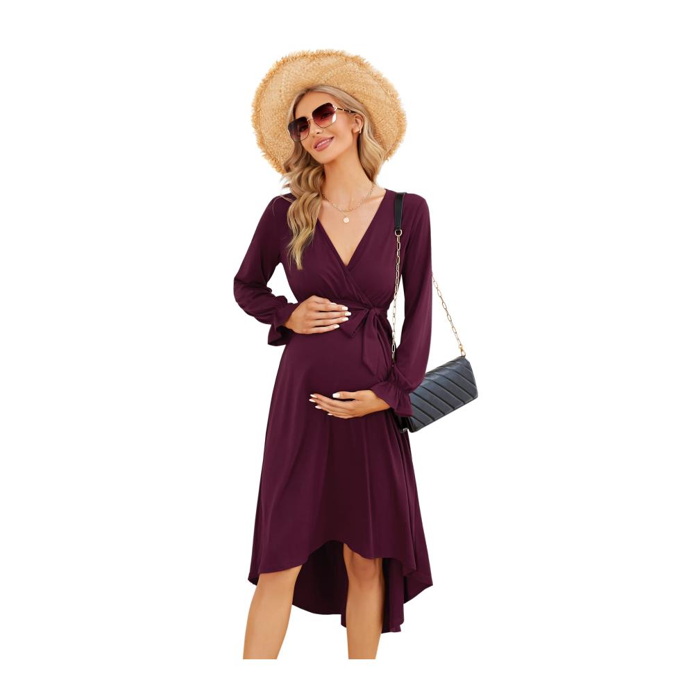 Stilvolles Umstandskleid Damen Langarm Stillkleid mit Gürtel in Burgunderrot - Perfekte Wahl für Schwangerschaft und Eleganz Größe L