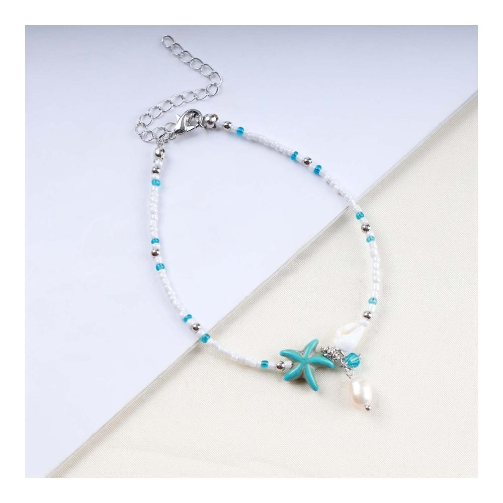 Elegantes Strand-Accessoire Boho Fußkettchen mit Seestern und weißen Perlen für Frauen – Sommerliches Knöchelarmband in Blau