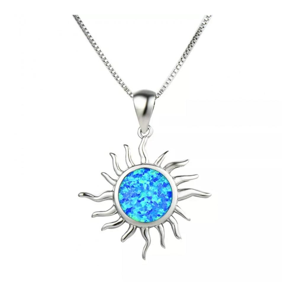 Elegante Hochzeitsketten Weiß-Blau Opal Sonnenanhänger in 925er Sterling Silber - Einzigartiger Schmuck für die Braut - Strahlender Glanz für besondere Anlässe