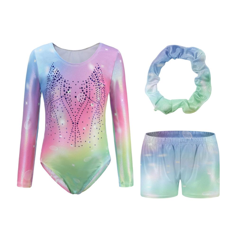 Glitzernde Gymnastik-Leotards für Mädchen mit Shorts Diamantene Einteiler-Outfits für Kinder von 3-12 Jahren Metallic-Funkeln für Training und Wettkampf
