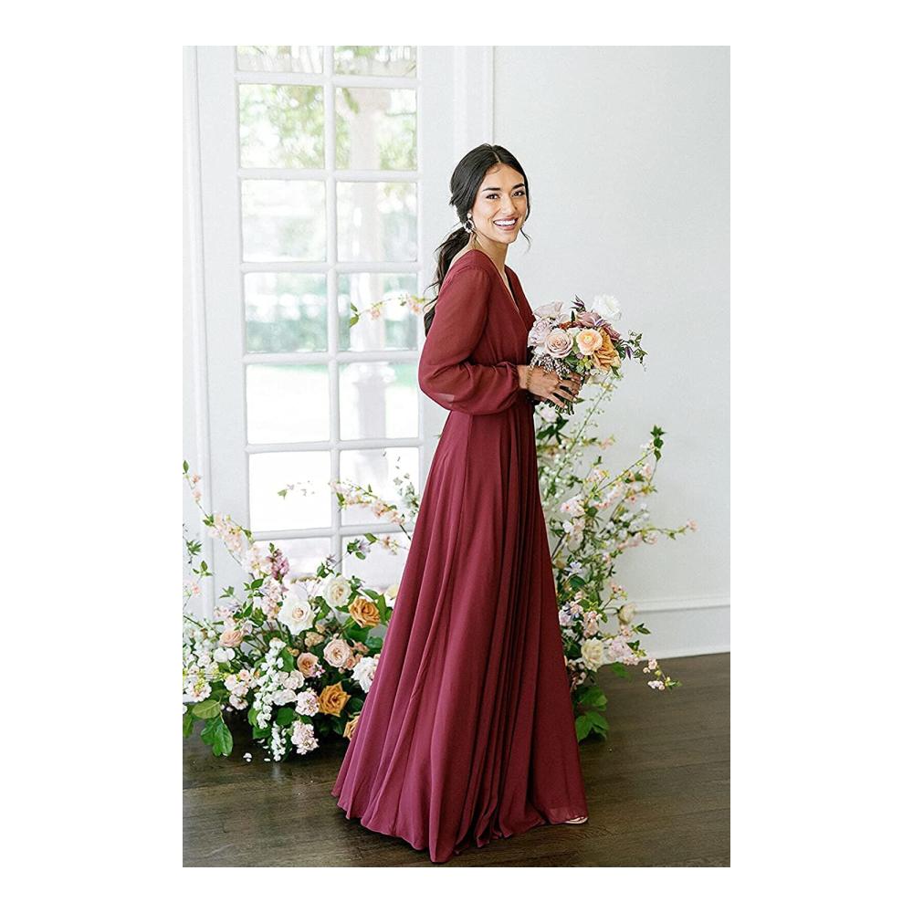 Elegante Abendkleider Damen Brautjungfernkleid A-Linie V-Ausschnitt lange Ärmel hohe Taille - Perfekte formelle Kleidung aus Chiffon