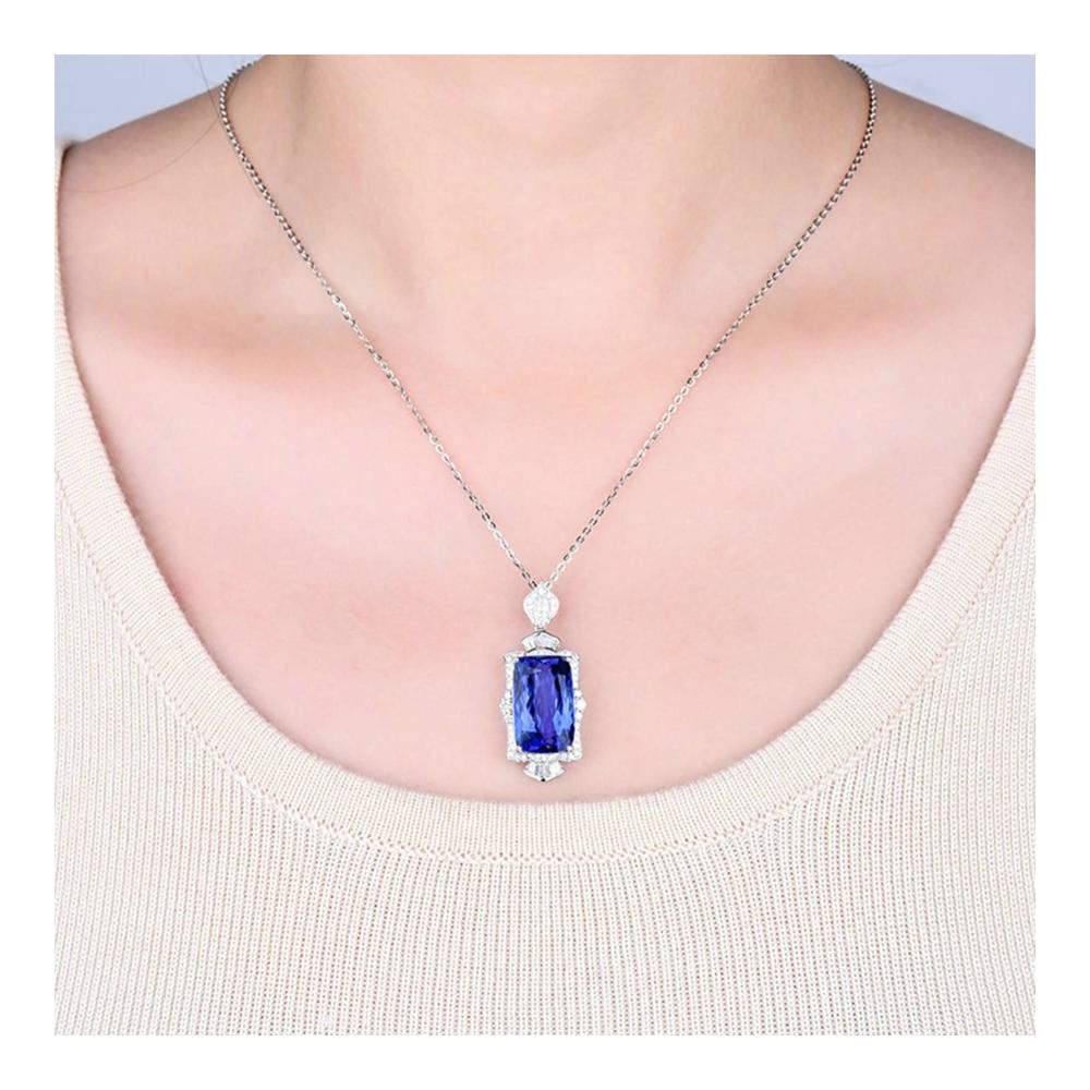Einzigartige Hochzeitshalskette 18K Weiße Damen Halskette mit Blauem Rechteck 5Ct Diamant und Tansanit – Exquisite Ketten für besondere Anlässe