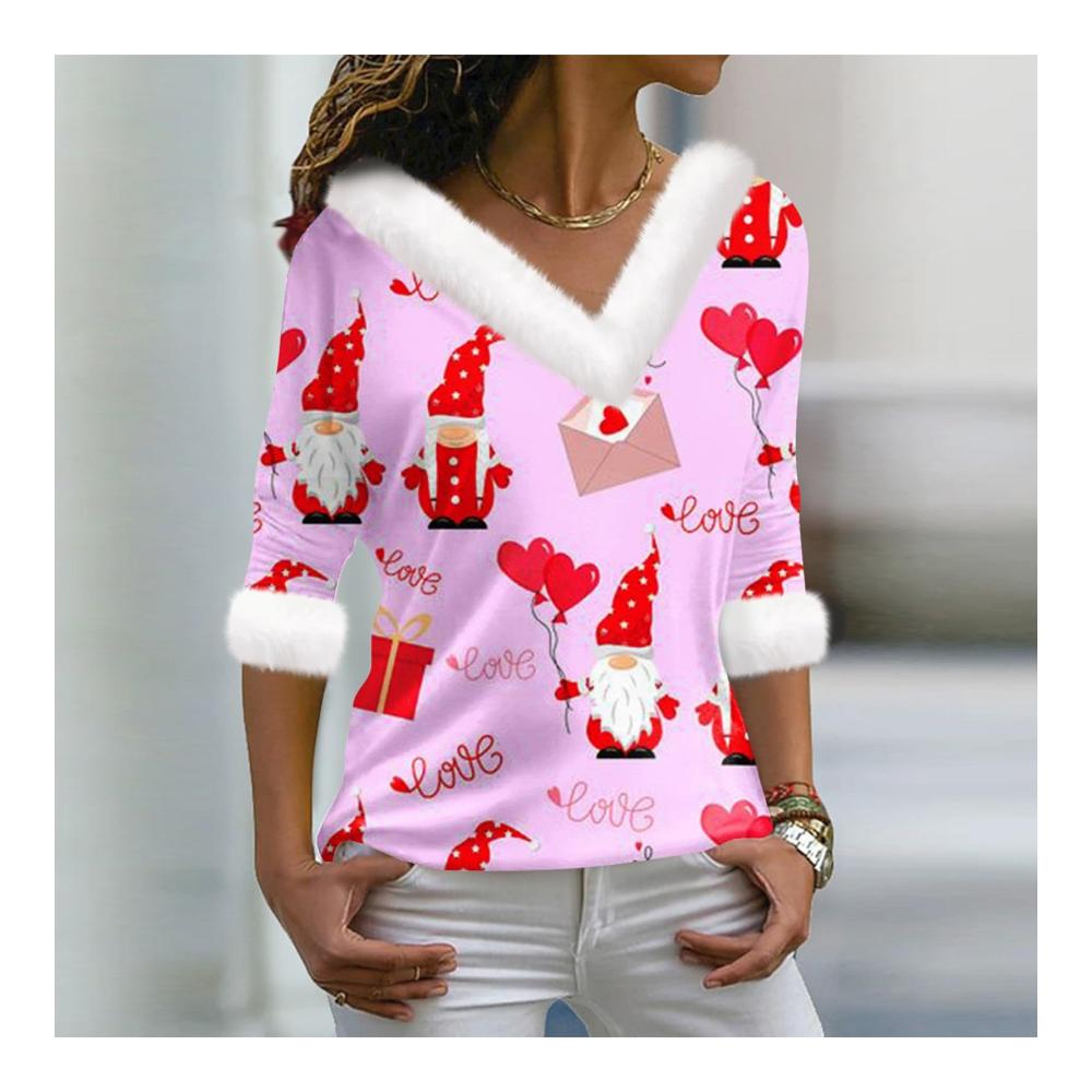 Valentines Day Blusen für Damen - Herbst Winter Lange Ärmel Plüsch V- Ausschnitt Druck Plus Size Mode Valentinstags Geschenk Sexy Hemden Party Rundhals Oberteile