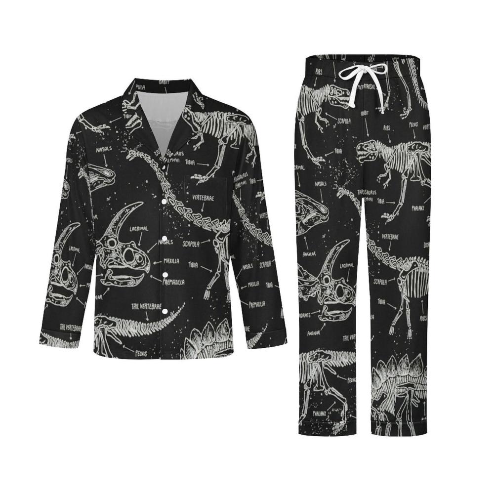 Bequemer Herren V-Ausschnitt Pyjama mit Taschen – Schwarzer Dinosaurier-Schlafanzug für Männer. Genießen Sie erholsame Nächte in stilvollem Komfort