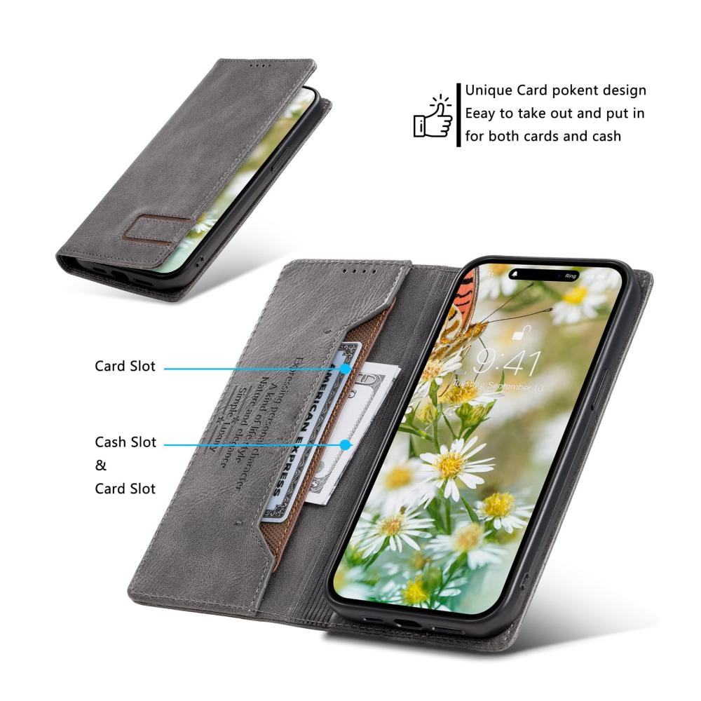 Stilvoller Schutz Premium Leder Kreditkartenhülle für iPhone 14 Serie - Magnetische Abdeckung RFID-Blockierung Ständerfunktion - Grau 14.6 Zoll