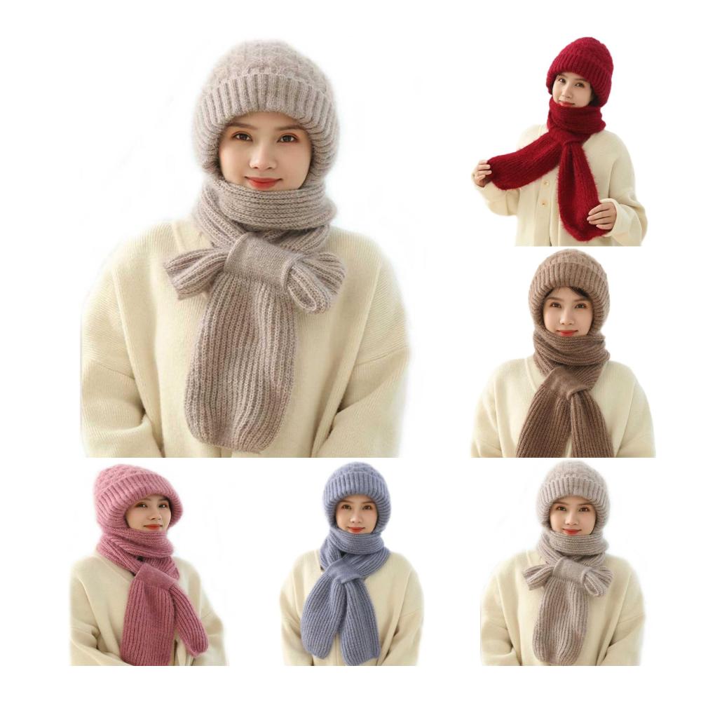 Integrierte Wintermütze mit Schal und Handschuhset Warme Strickmütze winddichter Maskenschal mit Kapuze thermische Handschuhe für Frauen und Mädchen