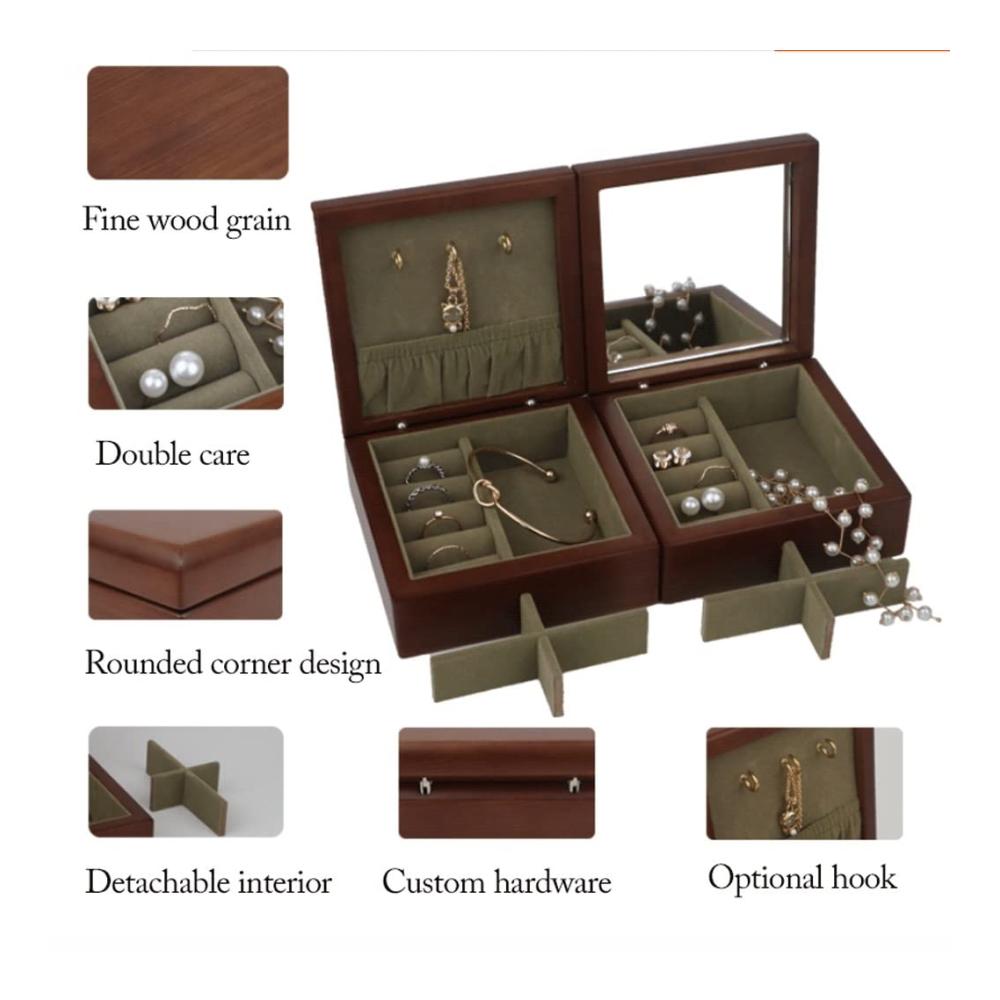 Einzigartige Massivholz-Schmuckschatulle mit Spiegel und Haken | Praktischer tragbarer Organizer für Ohrringe und Schmuck | Ideales Geschenk für Reisende Paare und Freunde | Leicht und stilvoll