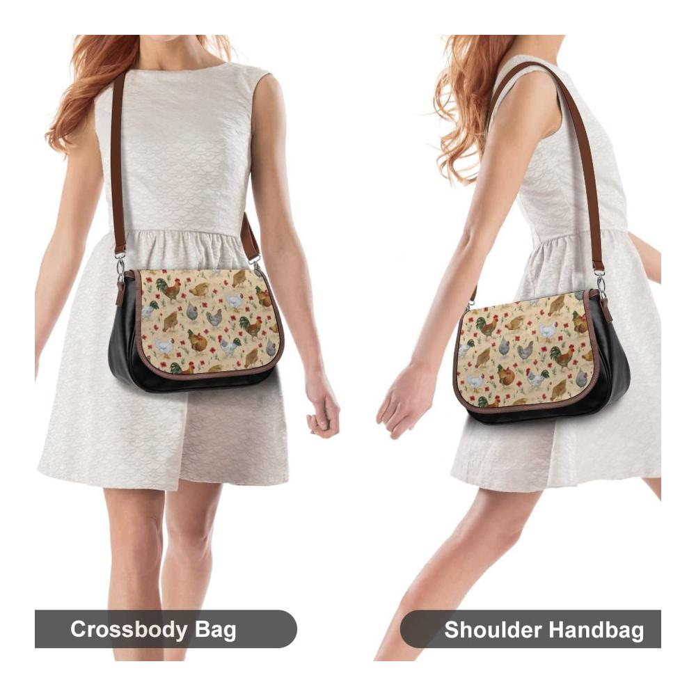 Einzigartige Leder Umhängetasche Stilvolle Crossbody Tasche für Frauen mit vielen Funktionen und verstellbaren Trägern | Hühnermotiv | 31 x 11 x 22cm