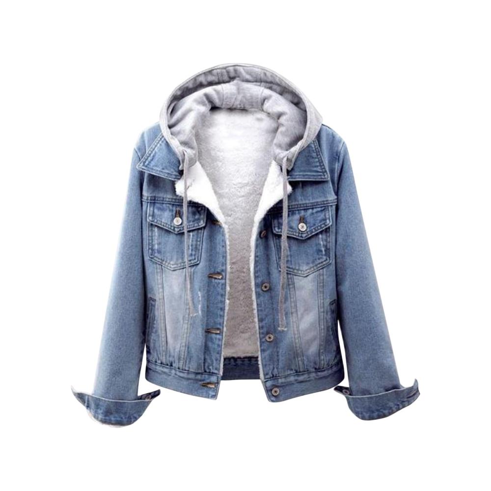 Damen-Jeansjacke mit Kapuzen gefüttert mit warmem Sherpa-Fleece lässig langärmeliger winterlicher Jeansmantel mit abnehmbarer Kapuze und Knöpfen