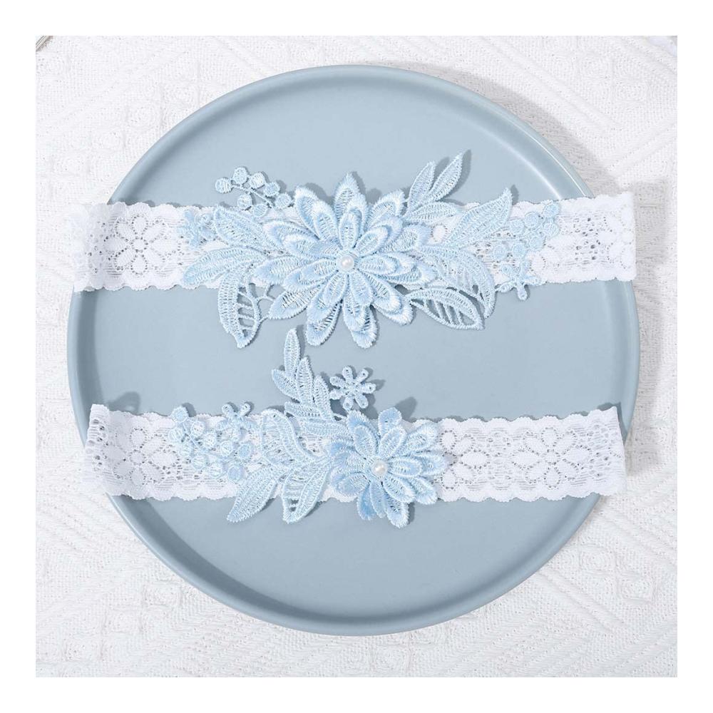 Handgefertigtes Spitzen-Strumpfband-Set für Braut und Brautjungfern | Romantische Blumenmuster | Eleganter Brautschmuck | Perfekte Ergänzung zum Hochzeitsoutfit | In himmelblau (2-teilig