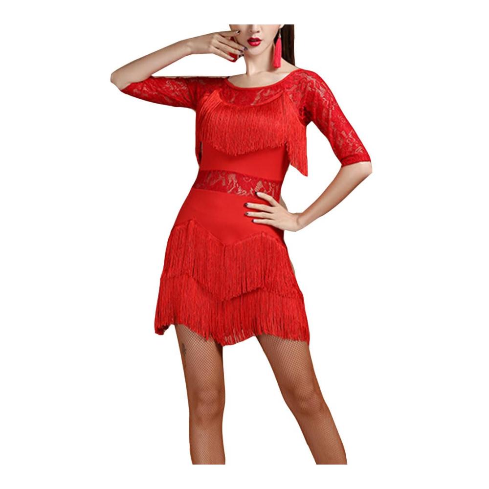 Eleganz trifft Energie Damen Kurzarm Tanz-Performance-Kostüm mit Spitzenquasten und Fransen für Cocktailpartys Tanz und mehr