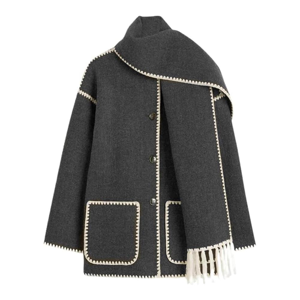 Stilvoller Winter-Chic Damenjacken mit Stickerei und Quasten-Schal - Hochwertige Wolle und übergroße Passform für zeitlose Eleganz