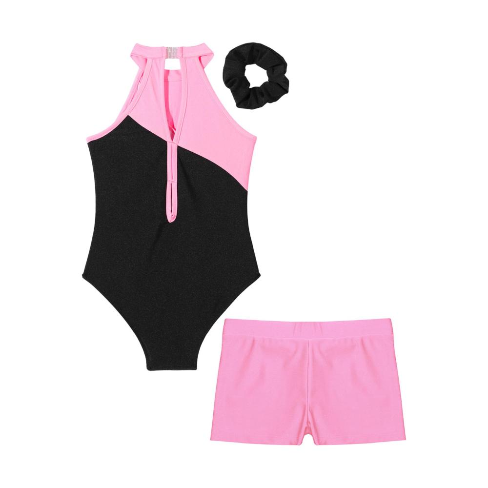 Stilvoller Glitzer-Leotard für Mädchen Tanzbody-Set mit kurzer Hose und Haarband für Wettbewerbe