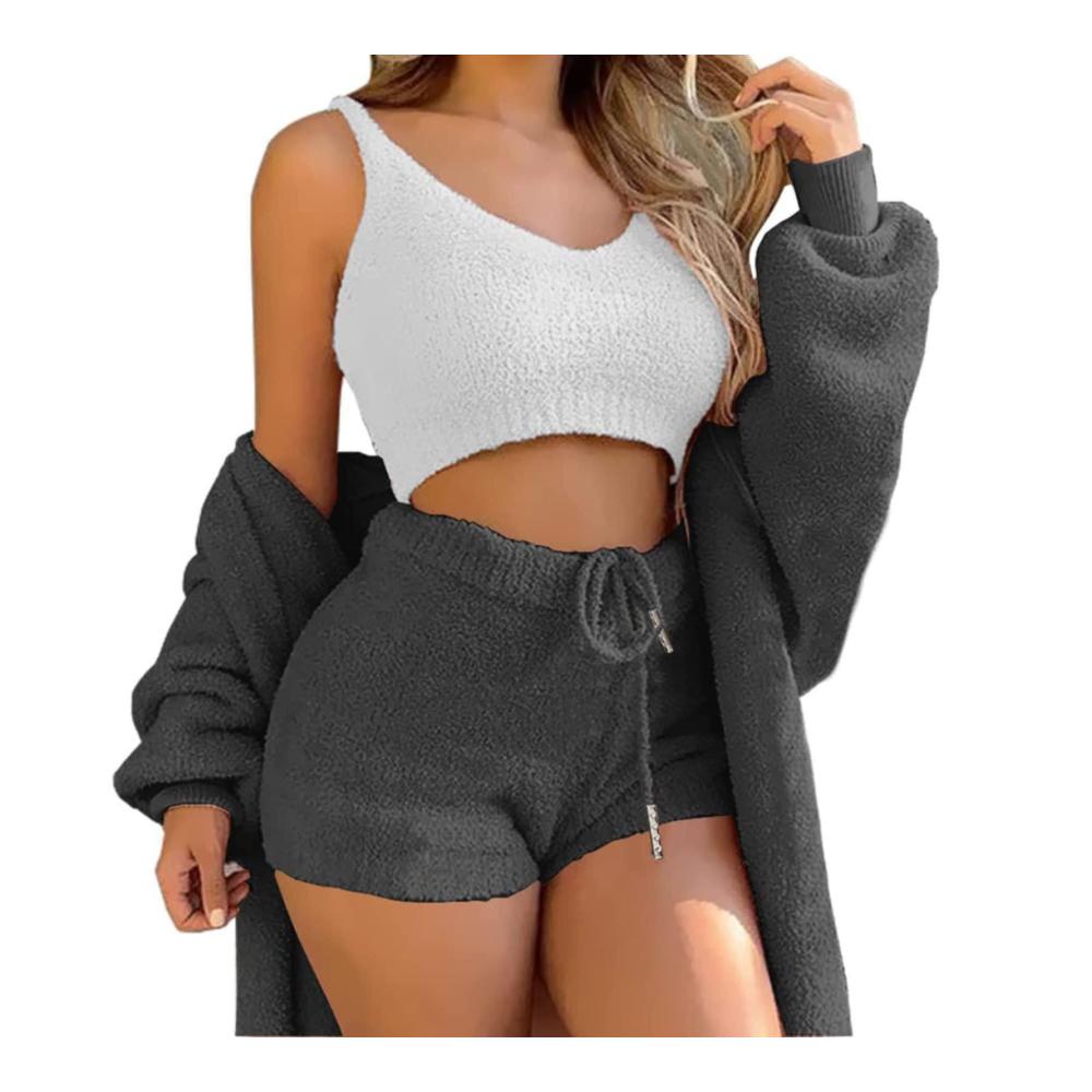 Entspannen Sie stilvoll Damen Schlafanzug Set mit Fleece-Crop-Top offener Strickjacke & Shorts. Perfekt für Komfort und Eleganz. Erleben Sie luxuriöse Loungewear