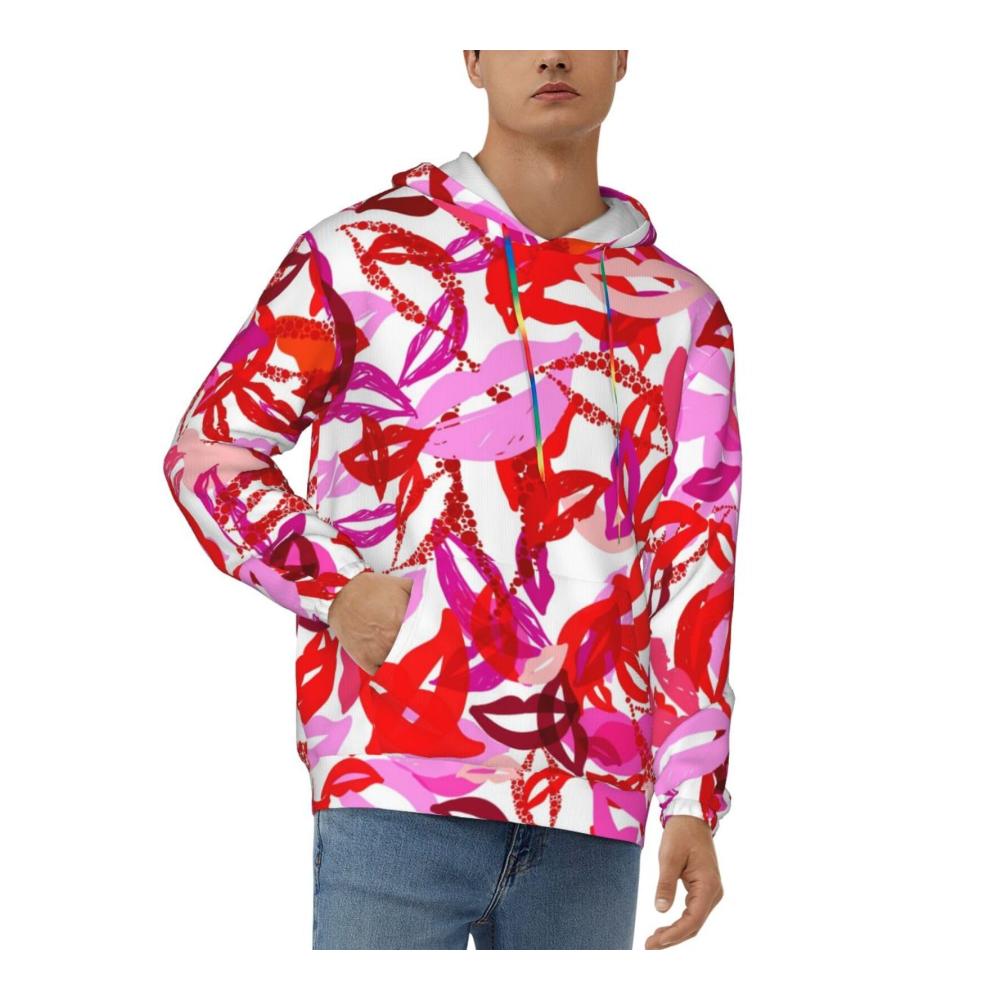 Modisches Kapuzen-Sweatshirt mit lila und roten Lippenmuster langärmelig mit Kordelzug locker geschnitten und Tasche