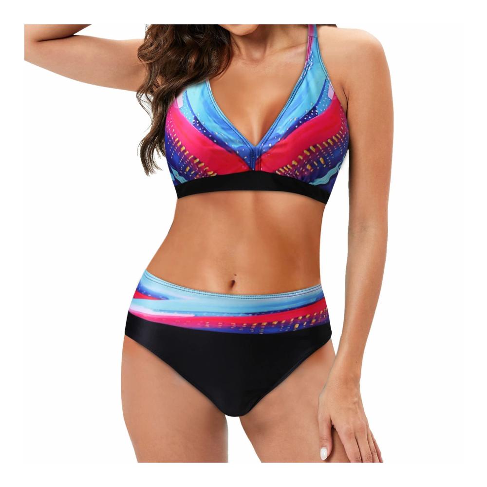 Attraktives Bikini-Set für Damen Bauchweg-Effekt Große Brüste Push-Up High Waist V-Ausschnitt überkreuztes Blumenmuster Bauchkontrolle (Rot 3  L