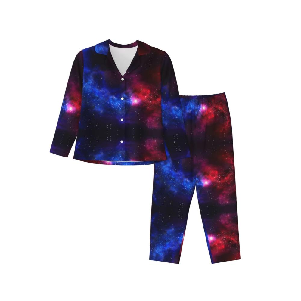 111 Damen Pyjama lang rot blau mit dunkelblauem Galaxie Print Nachthemd Oberteil und Hose gemütliche Nachtwäsche
