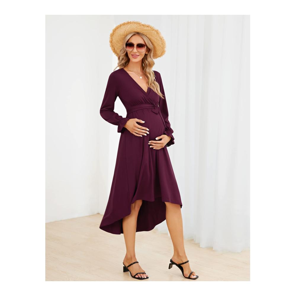 Stilvolles Umstandskleid Damen Langarm Stillkleid mit Gürtel in Burgunderrot - Perfekte Wahl für Schwangerschaft und Eleganz Größe L