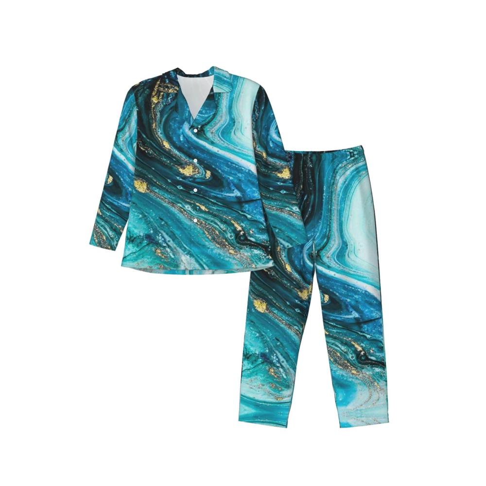 Bequemer Herren-Pyjama Langärmeliges Türkis-Blau-Gold-Marmor-Set - Stilvoller Schlafanzug für erholsame Nächte