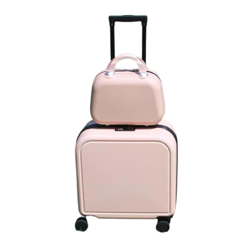 2-teiliges Gepäck-Reise-Set für Studenten Spinner-Koffer 18 / 20 + Kosmetiktasche 14 mit Code-Schloss in Pink