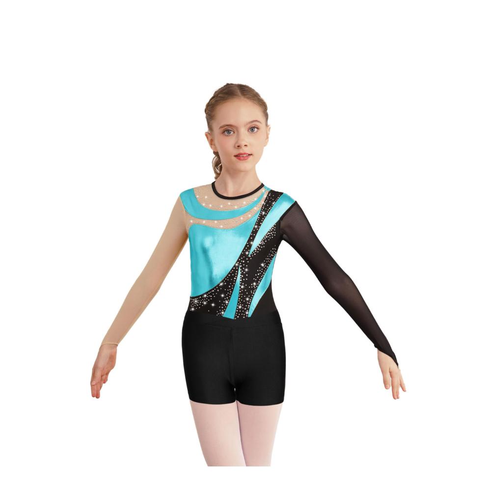 Glänzender Langarm-Turnanzug für Mädchen und Kinder mit Rückenausschnitt und Shorts für Ballett Gymnastik und Fitness