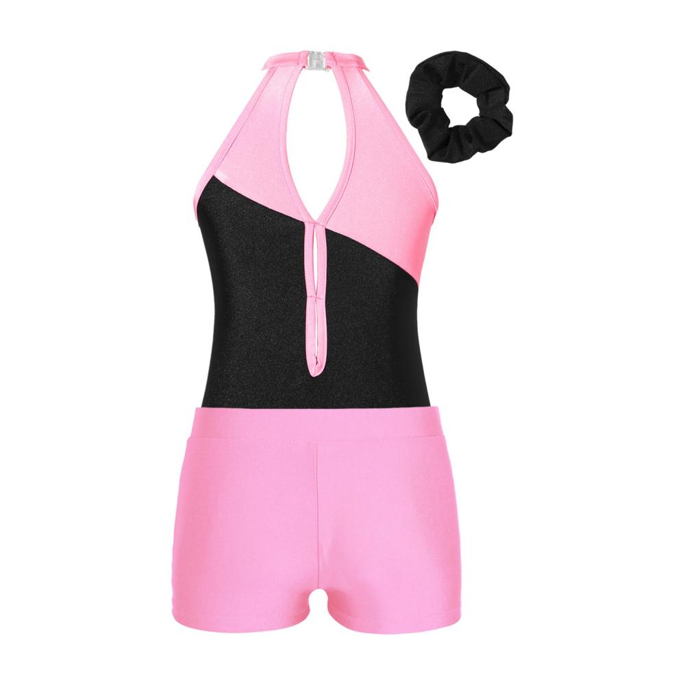 Stilvoller Glitzer-Leotard für Mädchen Tanzbody-Set mit kurzer Hose und Haarband für Wettbewerbe
