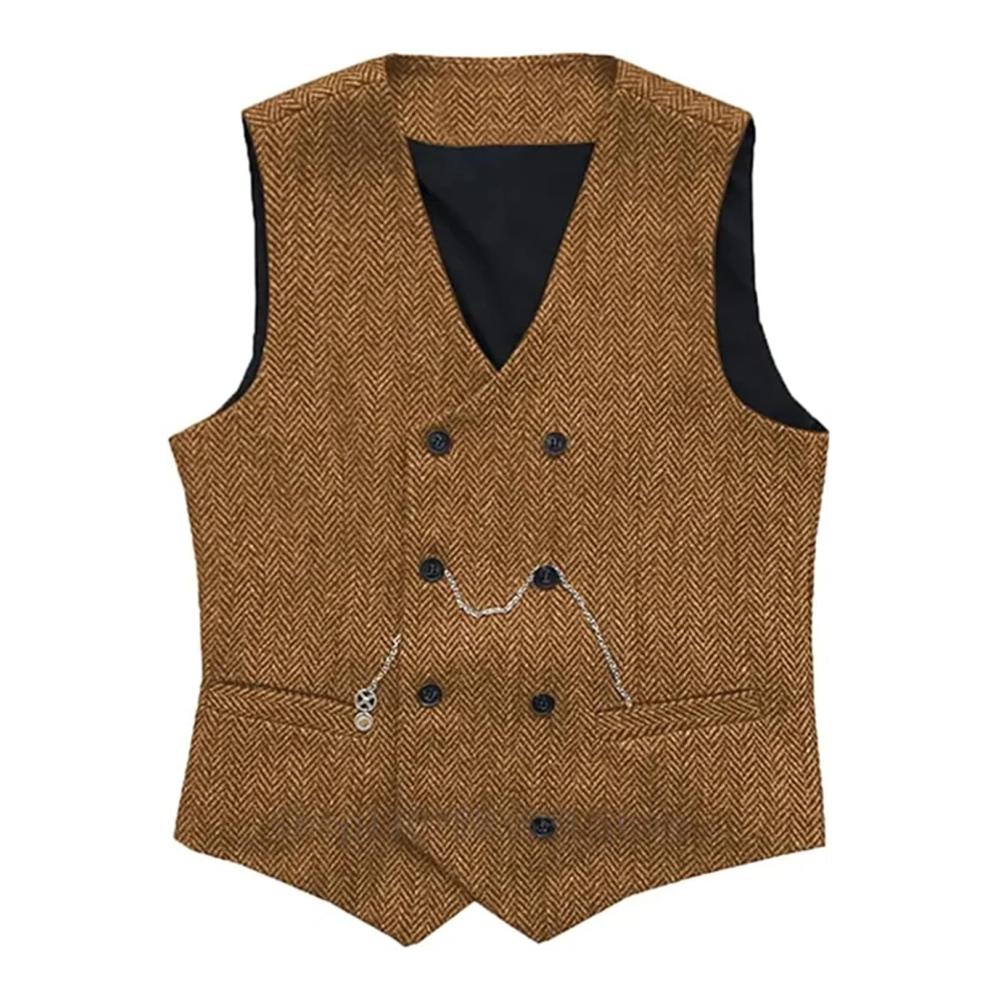 Stilvolle Herren V-Ausschnitt Anzugweste aus Fischgrätenwolle - Tweed Zweireihige Weste für Smoking Trauzeugen & Hochzeiten - Zeitlos elegante Westen für Herrenbekleidung
