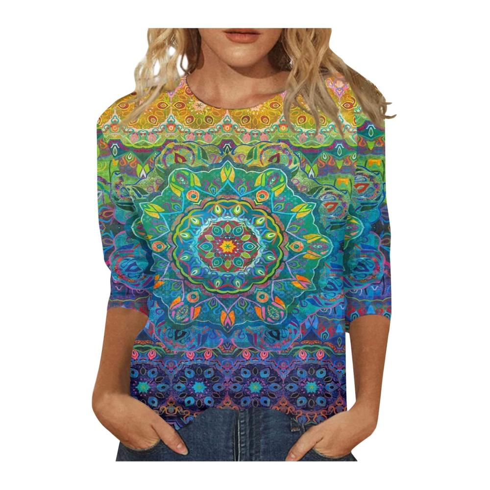 Top modisches Damen-Hemd Bedruckt 3/4 Ärmel Loose Fit Sportshirt RundhalsausschnittLässiges + Elegantes Freizeit T-Shirt
