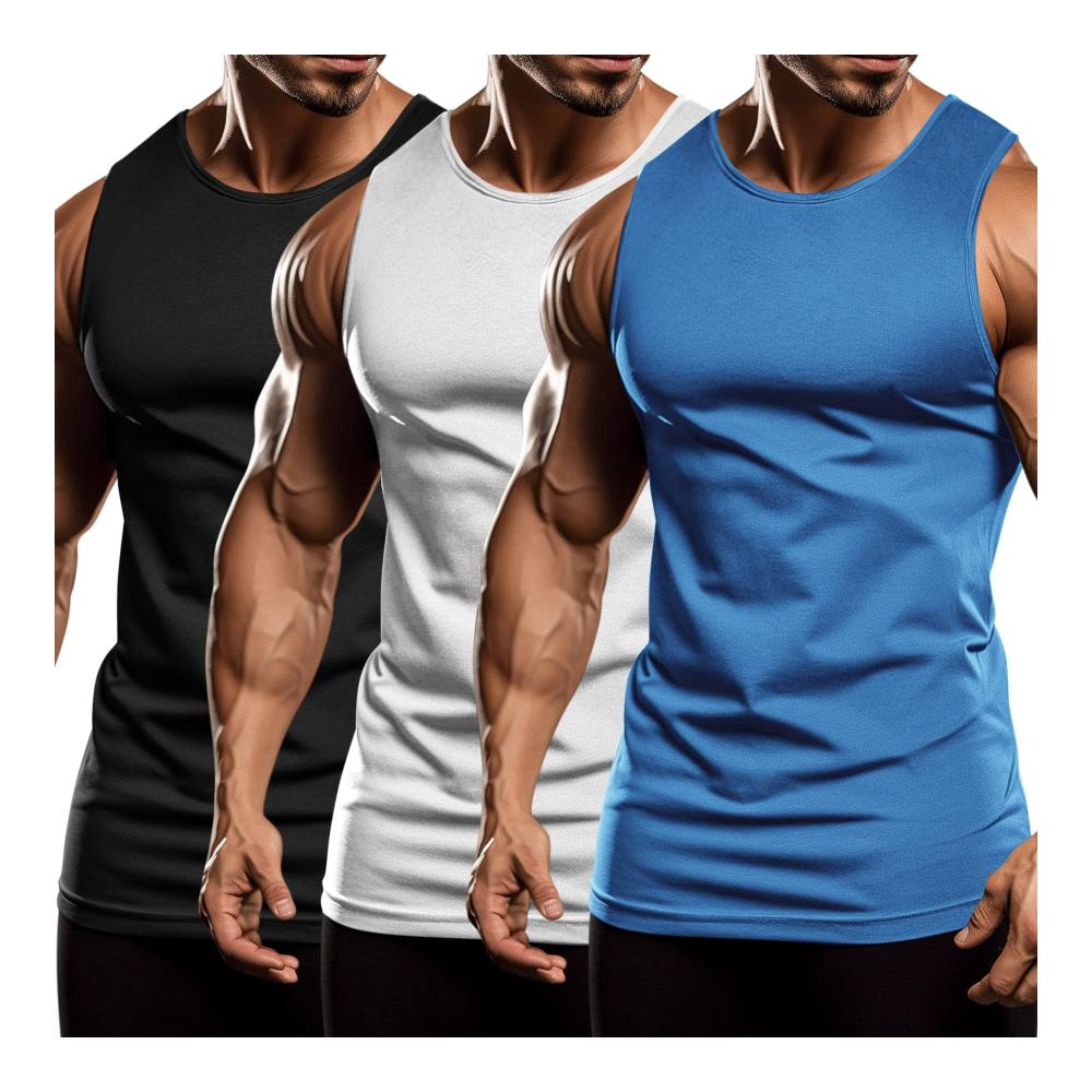 Attraktives 3er Pack T-Shirts für Herren Ärmellose Muskelshirts für Fitness & Sport. Ideal für Gym & Training. Schwarz/Weiß/Blau Größe S inklusive
