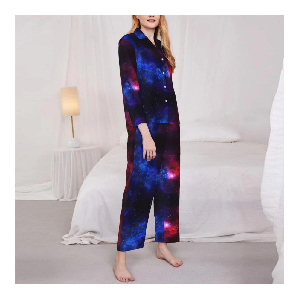 111 Damen Pyjama lang rot blau mit dunkelblauem Galaxie Print Nachthemd Oberteil und Hose gemütliche Nachtwäsche