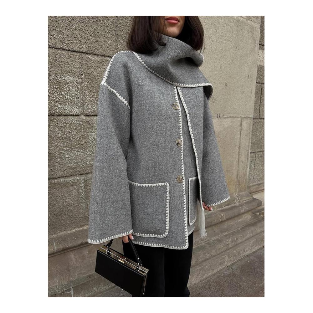 Stilvoller Winter-Chic Damenjacken mit Stickerei und Quasten-Schal - Hochwertige Wolle und übergroße Passform für zeitlose Eleganz