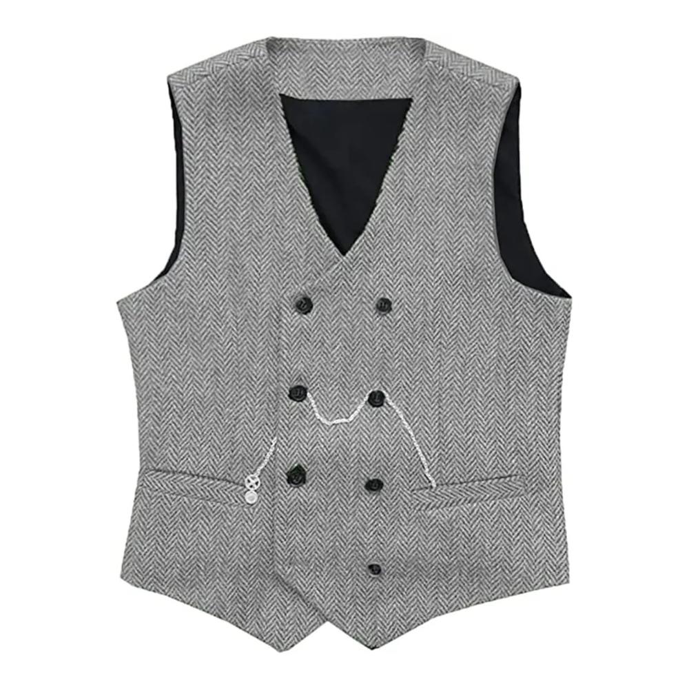 Stilvolle Herren V-Ausschnitt Anzugweste aus Fischgrätenwolle - Tweed Zweireihige Weste für Smoking Trauzeugen & Hochzeiten - Zeitlos elegante Westen für Herrenbekleidung