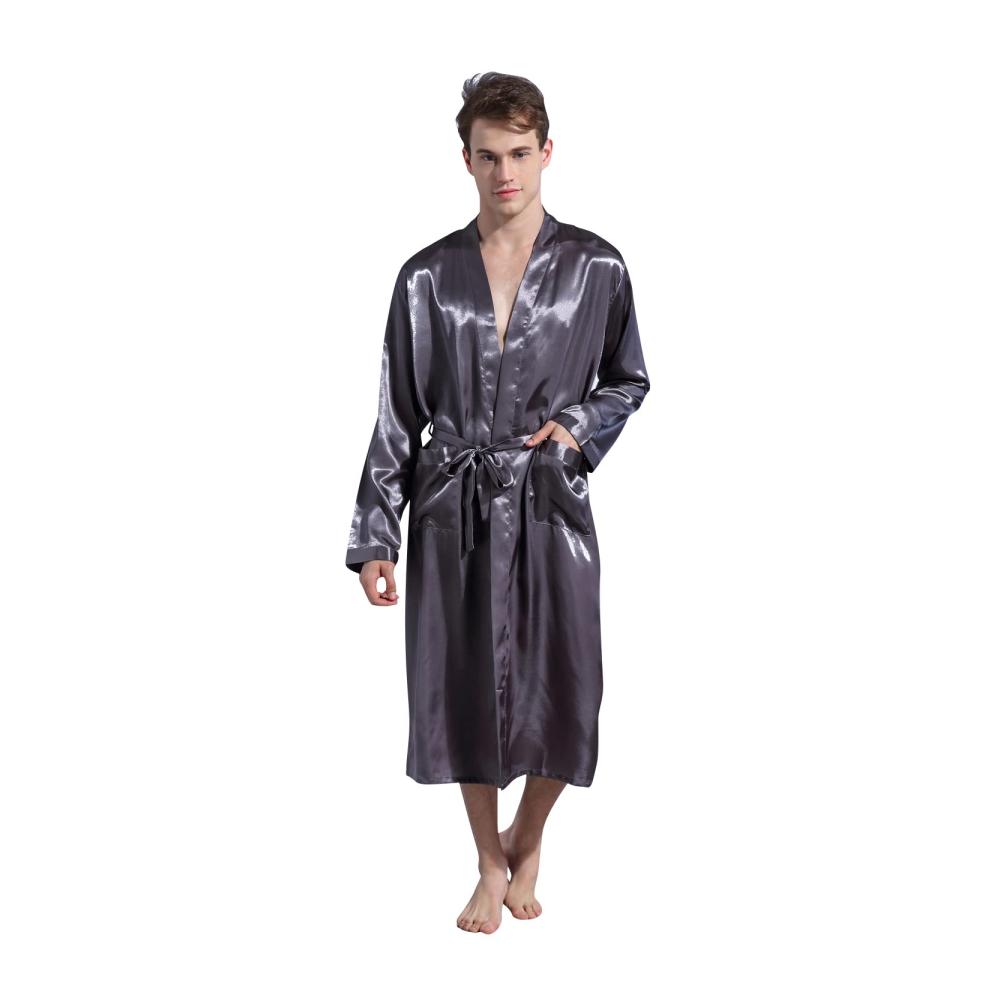 Erleben Sie puren Luxus Herren Bademantel Kimono aus glattem Satin leicht und weich. Perfekt für entspannte Nächte mit Gürtel und Taschen
