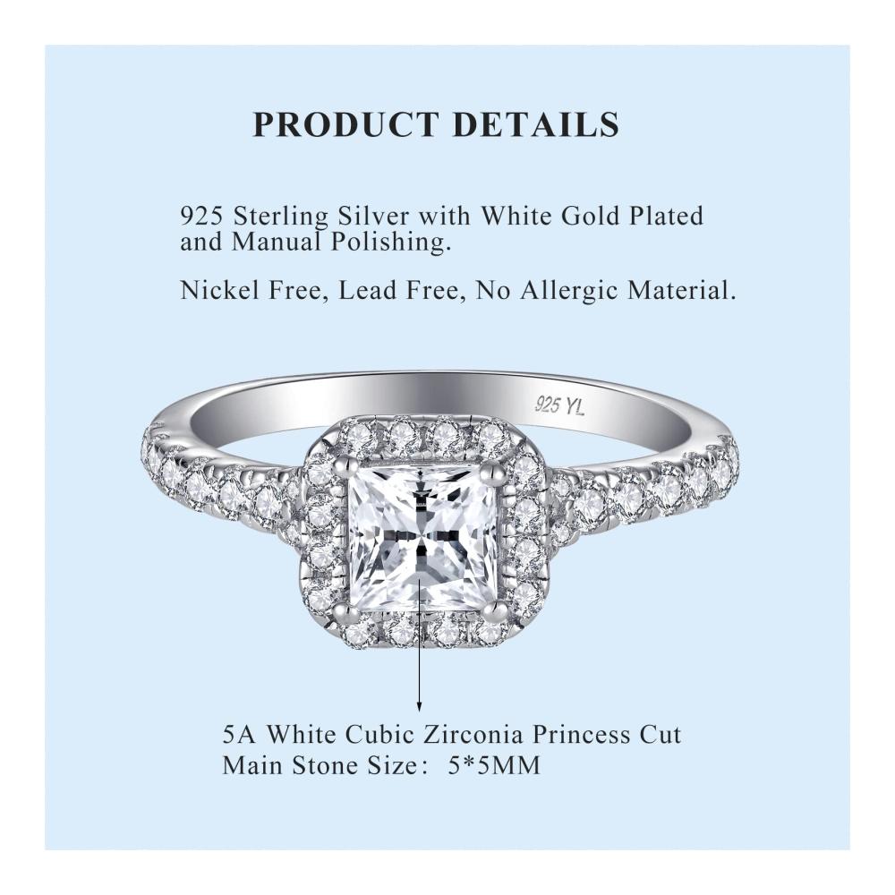 925 Sterling Silber Verlobungsring Quadratischer Zirkonia im Prinzessenschliff Solitärband Schmuckgeschenk für Damen