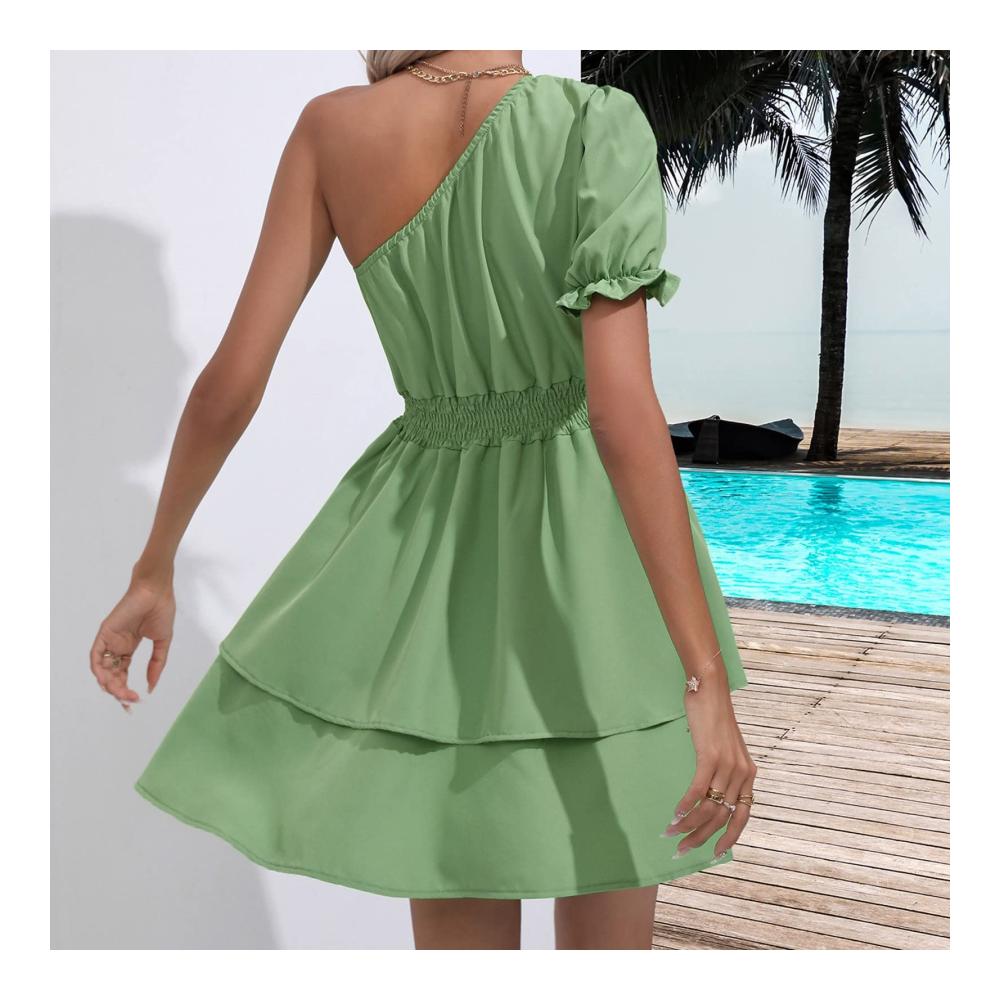 Attraktives Freizeitkleid für Damen Lässig schräge Schulter modisch mit Puffärmeln und mehrlagigem kurzen Rock. Perfekt für sportliche Aktivitäten knielang und betont die Taille
