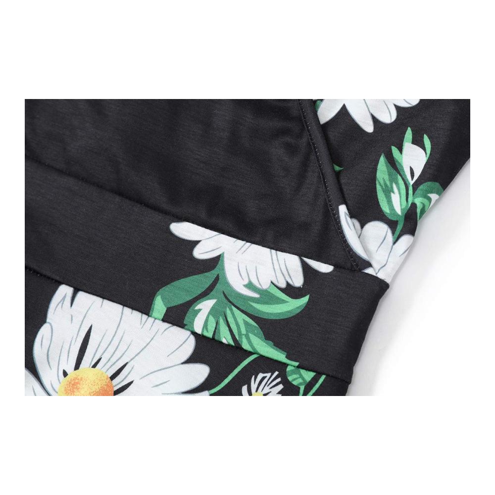Damen Freizeitkleid mit V-Ausschnitt und kleinem Gänseblümchen-Print kurzärmelig A-Linien-Rock