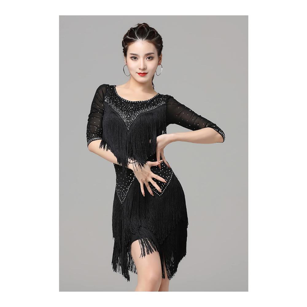 Entdecken Sie Eleganz und Stil Schwarzes Latein-Tanzkleid für Damen mit Fransen und mittellangen Ärmeln für Ballsaal Salsa und mehr! Perfekt für lateinamerikanische Wettbewerbe und Trainings