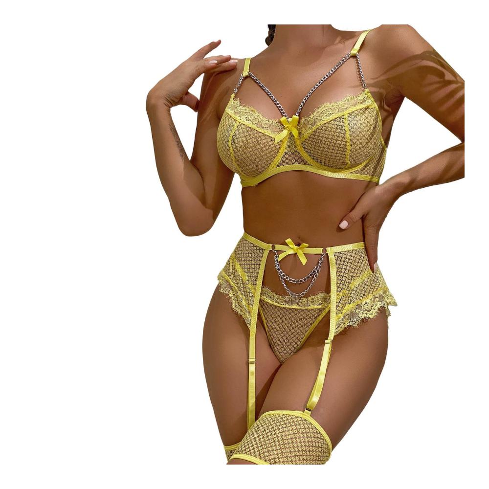 Große Dessous Strapse Sets Lustige Unterwäsche-Sets für Damen Stickerei-Spitze Hohle Metallkette Durchsichtig Lustiges Unterwäsche-Set Submissive Lingerie