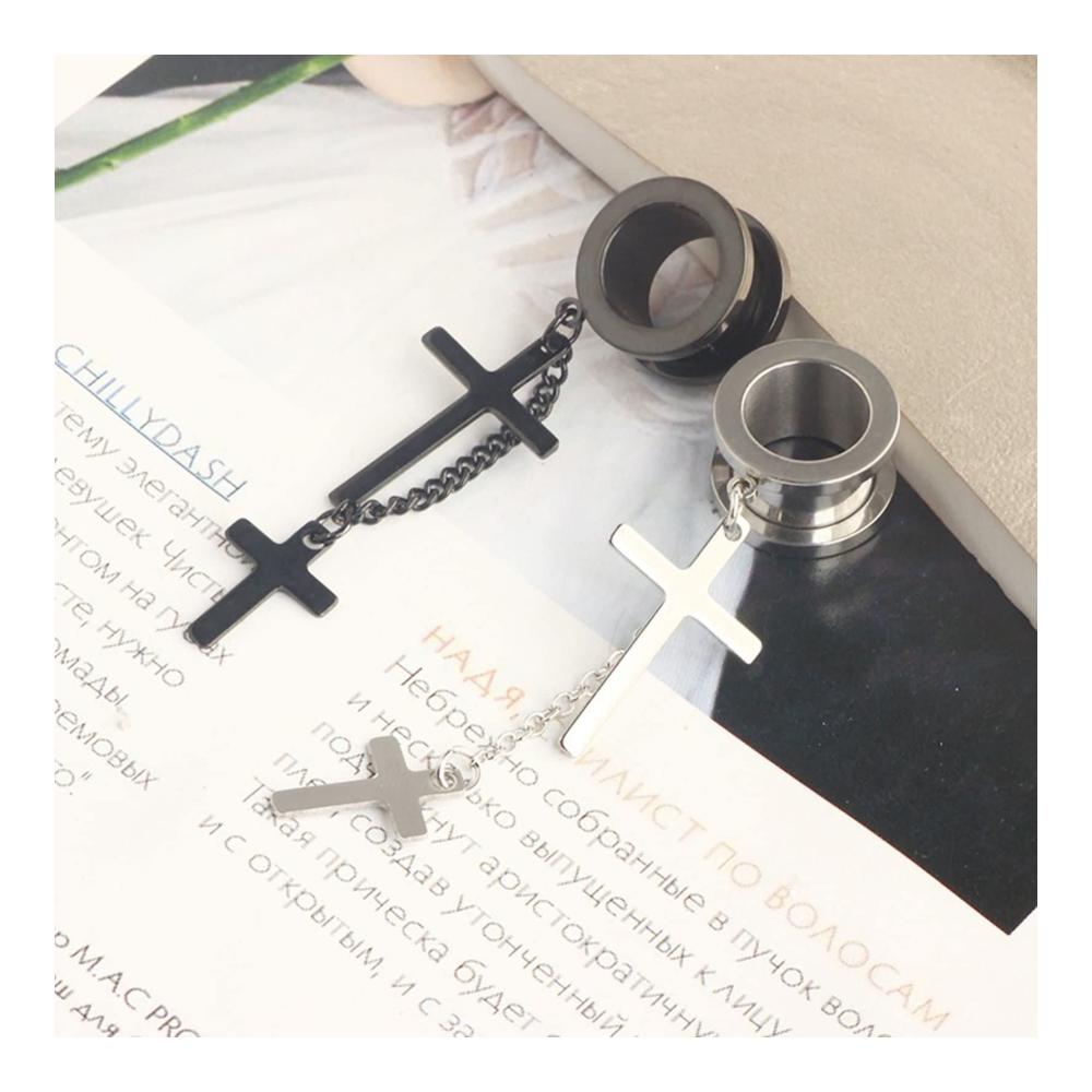 Hochwertiges 2er Set Silber-Schwarz Tunnel Ohrringe mit Kreuz-Anhänger und Kette - Eleganter Edelstahl Piercing-Schmuck für Ohr Tunnel 6mm-25mm. Perfektes Accessoire