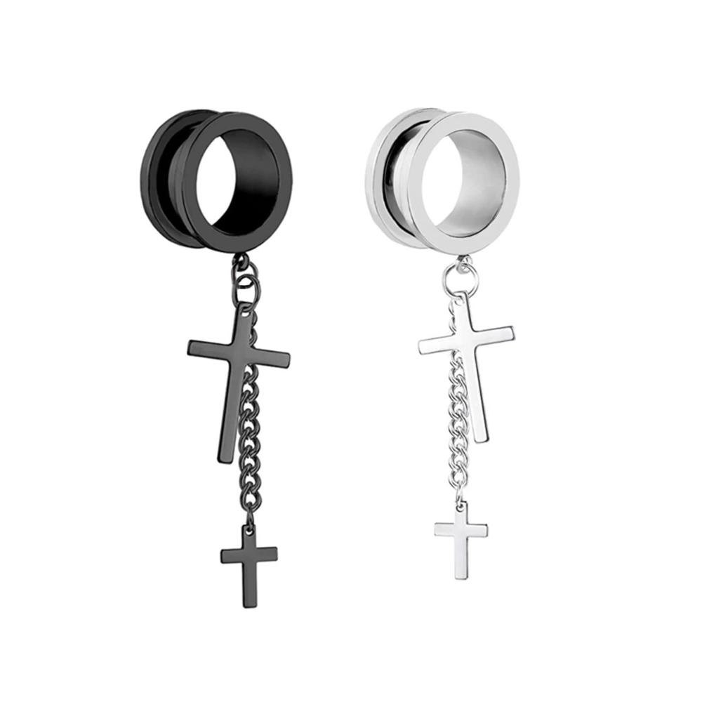Hochwertiges 2er Set Silber-Schwarz Tunnel Ohrringe mit Kreuz-Anhänger und Kette - Eleganter Edelstahl Piercing-Schmuck für Ohr Tunnel 6mm-25mm. Perfektes Accessoire