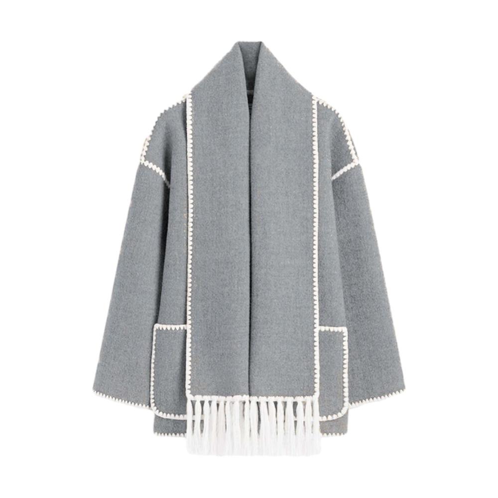 Edler Strick-Wintermantel mit abnehmbarem Schal für Damen | Langer Einreiher-Mantel mit Quasten-Schalkragen | Warme Herbstjacke mit Statement- Schal