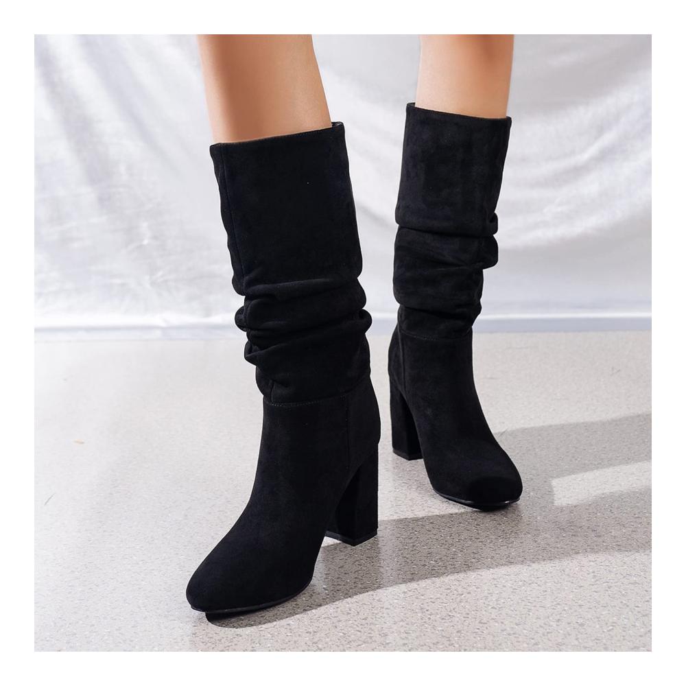 Damen Mode Einfarbige Flock Stiefel Stapelabsatz Schnürstiefel High Heel Mid-Calf Ankle Boots Damen Plüsch Knopf Winter Stiefel